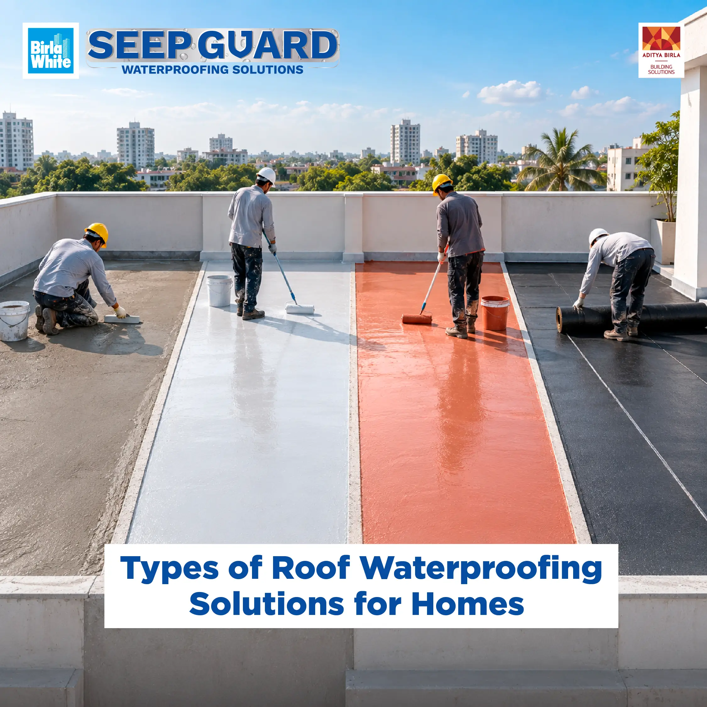 Roof waterproofing solutions being applied on a residential terrace by workers using different waterproofing methods