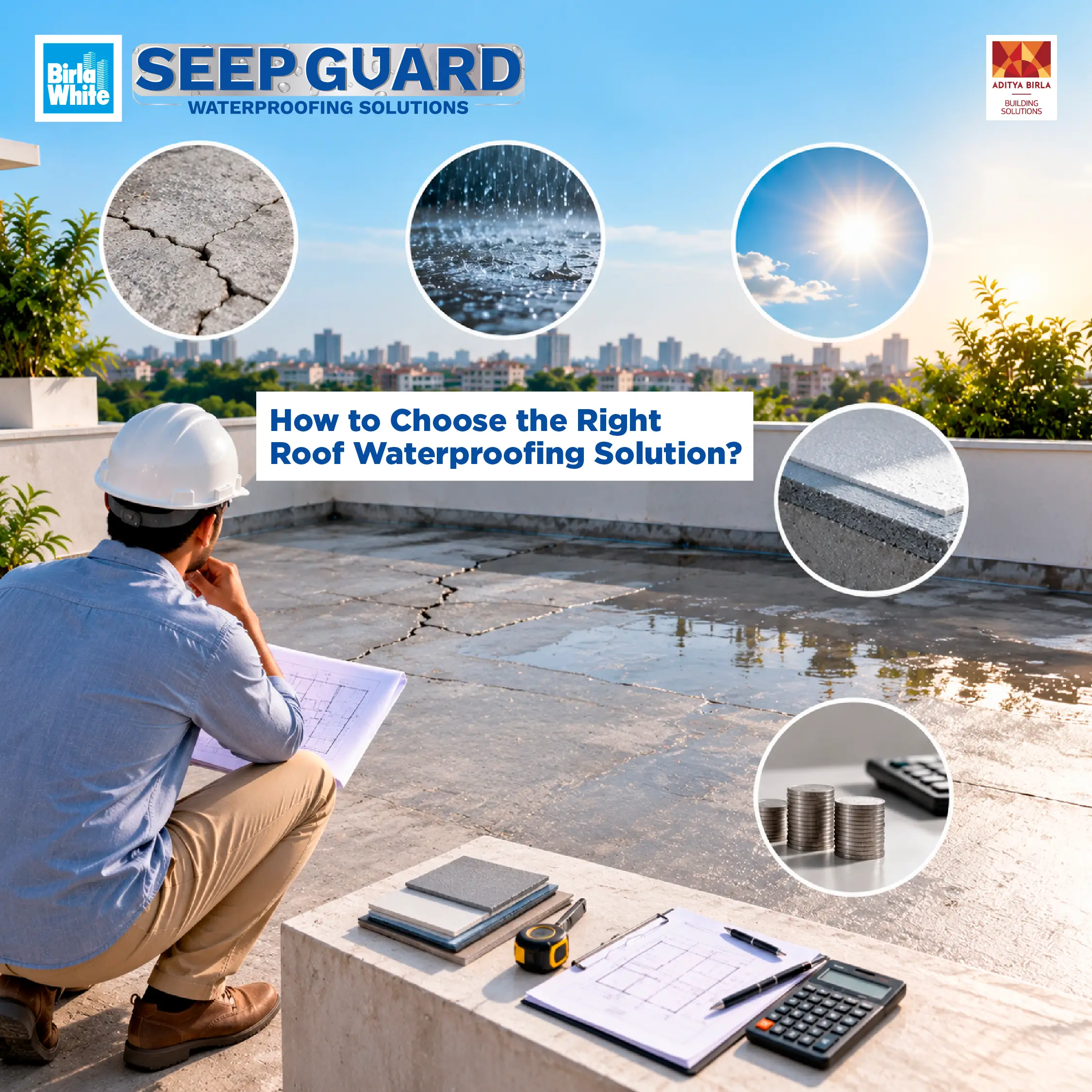 Professional assessing a cracked rooftop to choose the right waterproofing solution